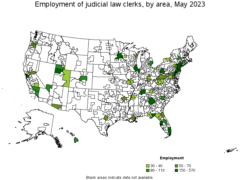 Map of employment of judicial law clerks by area, May 2022