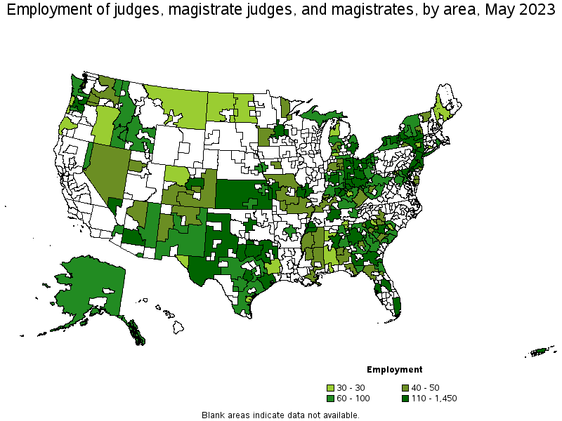 Map of employment of judges, magistrate judges, and magistrates by area, May 2021