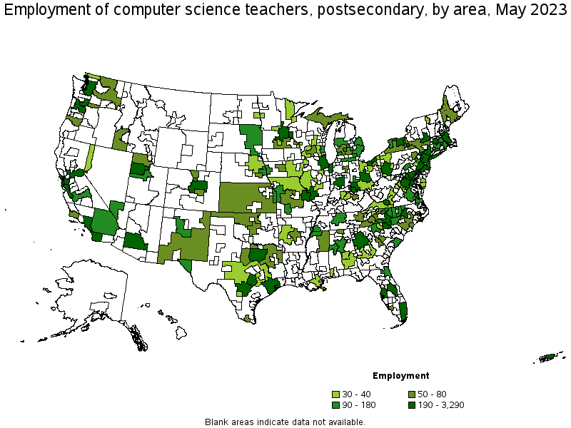 Map of employment of computer science teachers, postsecondary by area, May 2021