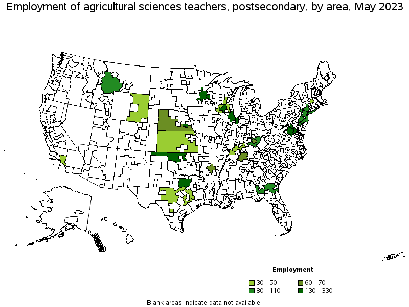 Map of employment of agricultural sciences teachers, postsecondary by area, May 2021