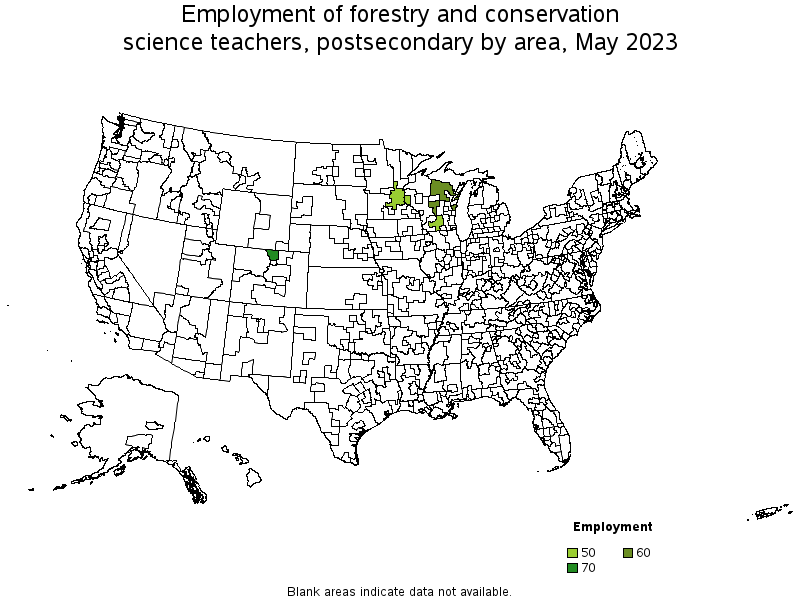 Map of employment of forestry and conservation science teachers, postsecondary by area, May 2022