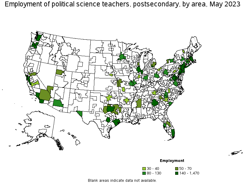 Map of employment of political science teachers, postsecondary by area, May 2021