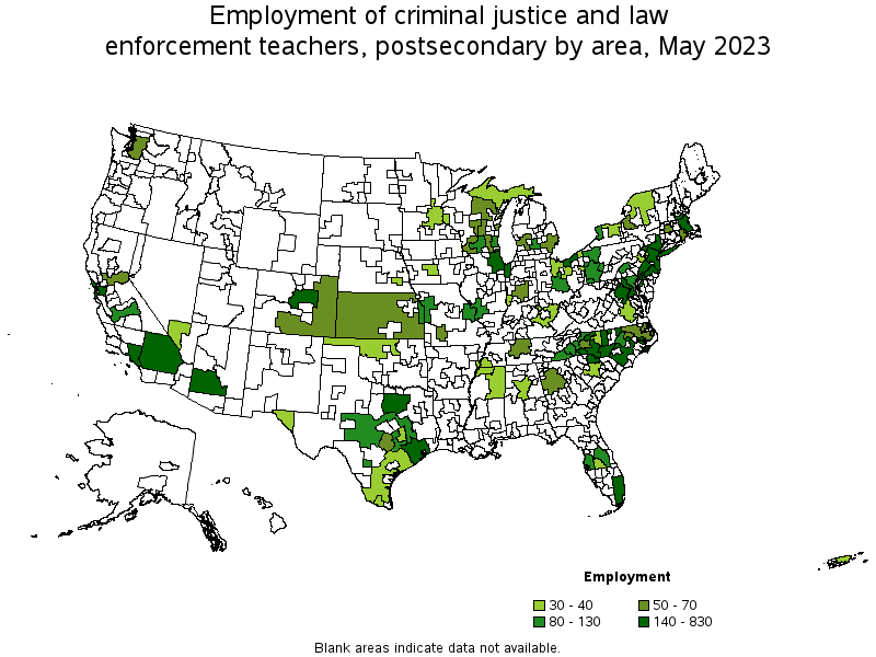 Map of employment of criminal justice and law enforcement teachers, postsecondary by area, May 2021