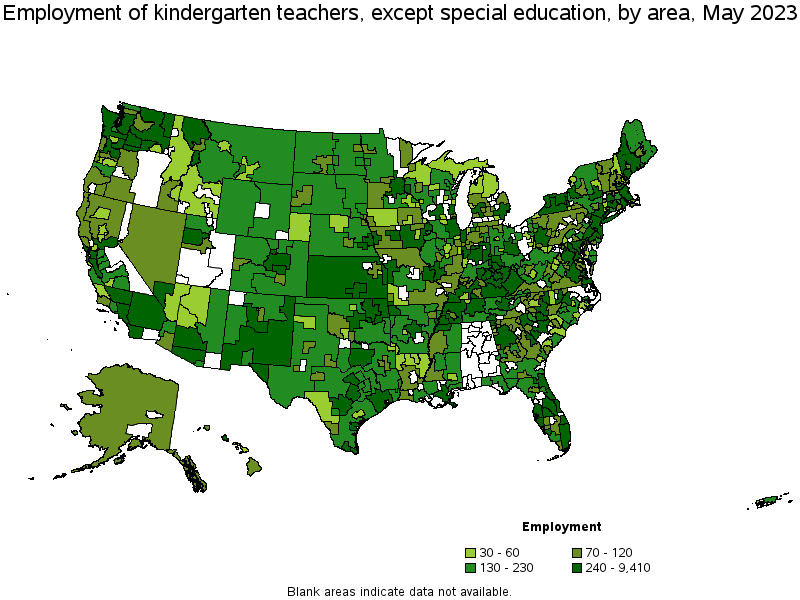 Map of employment of kindergarten teachers, except special education by area, May 2022