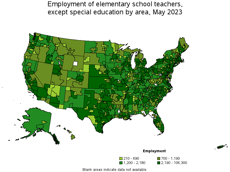 Map of employment of elementary school teachers, except special education by area, May 2022