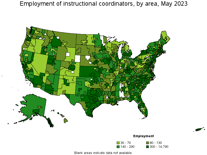 Map of employment of instructional coordinators by area, May 2021