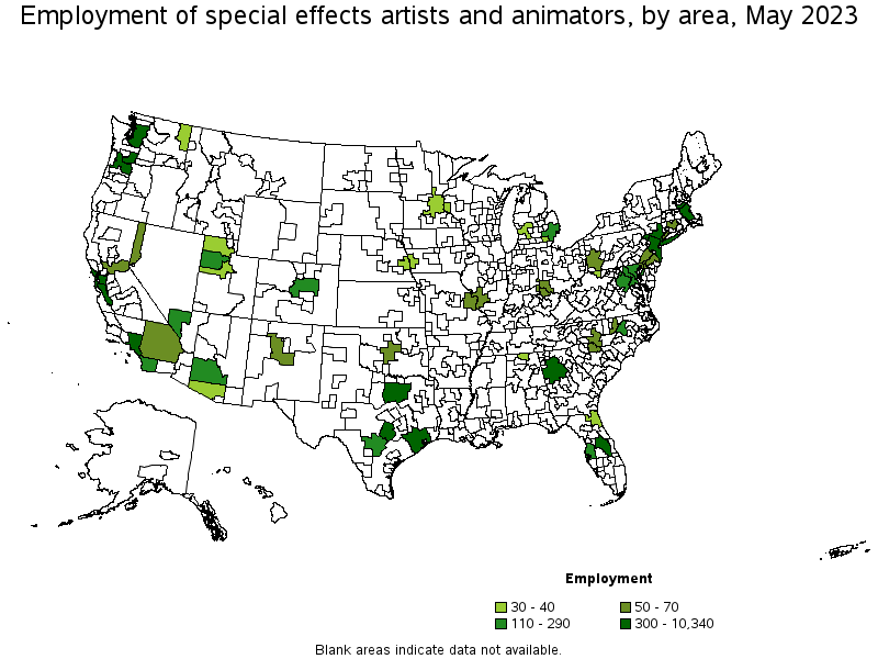 Map of employment of special effects artists and animators by area, May 2023