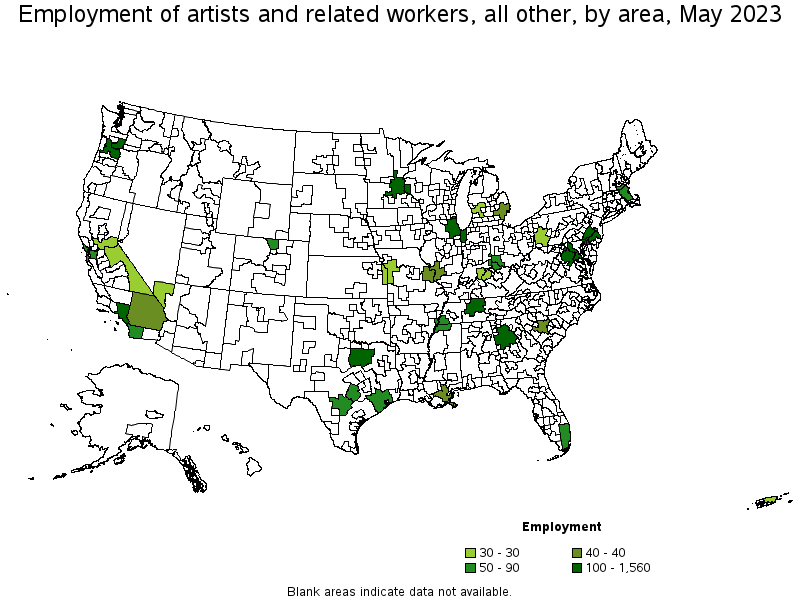 Map of employment of artists and related workers, all other by area, May 2021
