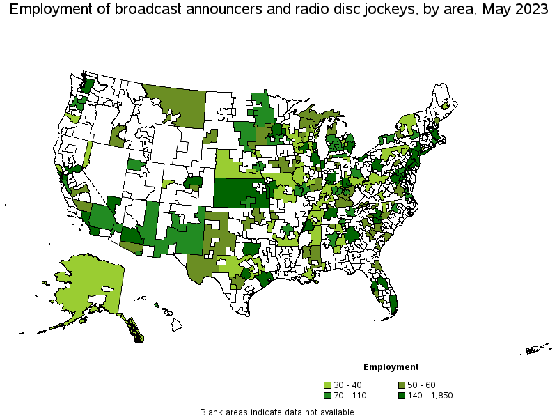 Map of employment of broadcast announcers and radio disc jockeys by area, May 2021