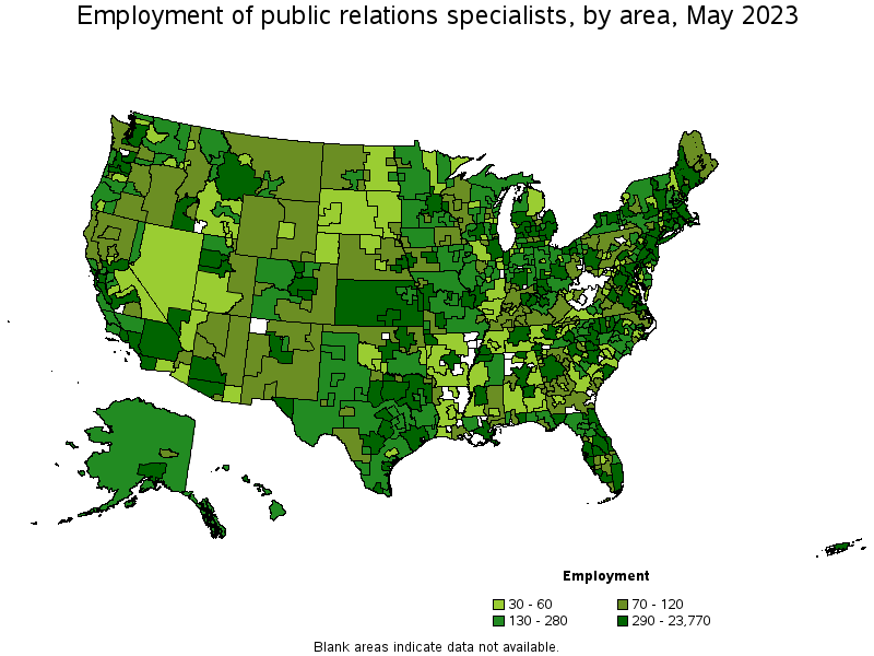 Map of employment of public relations specialists by area, May 2021