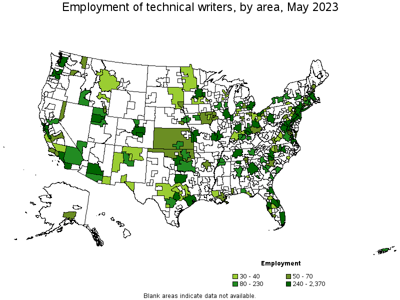 Map of employment of technical writers by area, May 2021