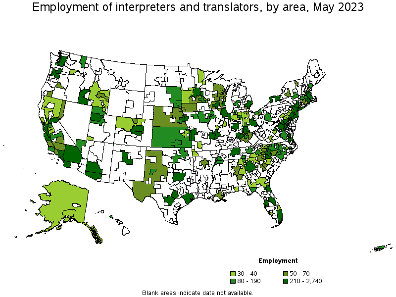 Map of employment of interpreters and translators by area, May 2021