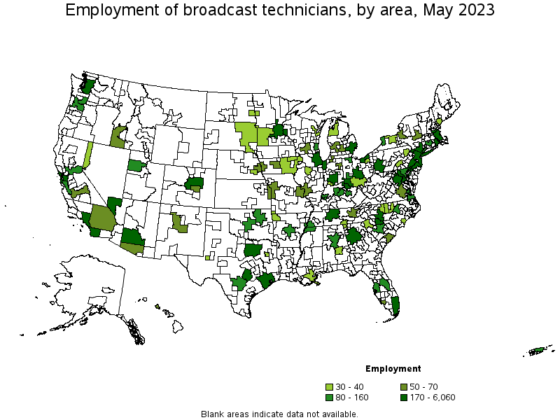 Map of employment of broadcast technicians by area, May 2022