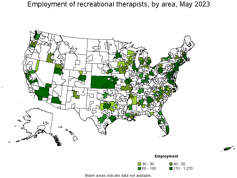 Map of employment of recreational therapists by area, May 2022