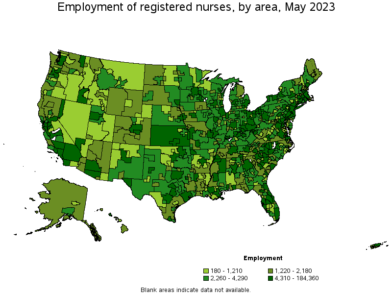 Map of employment of registered nurses by area, May 2021