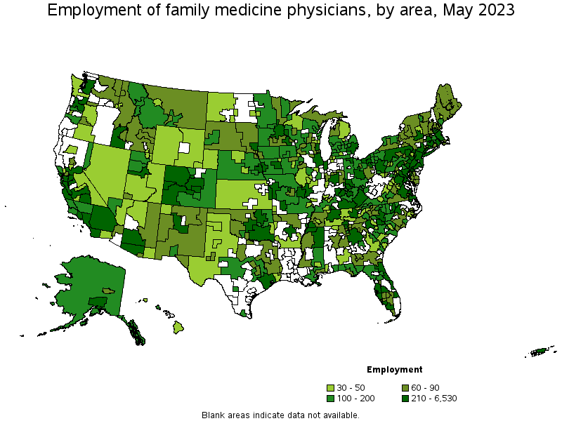 Map of employment of family medicine physicians by area, May 2022
