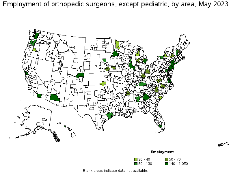 Map of employment of orthopedic surgeons, except pediatric by area, May 2022