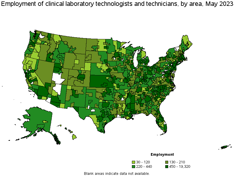 Map of employment of clinical laboratory technologists and technicians by area, May 2021