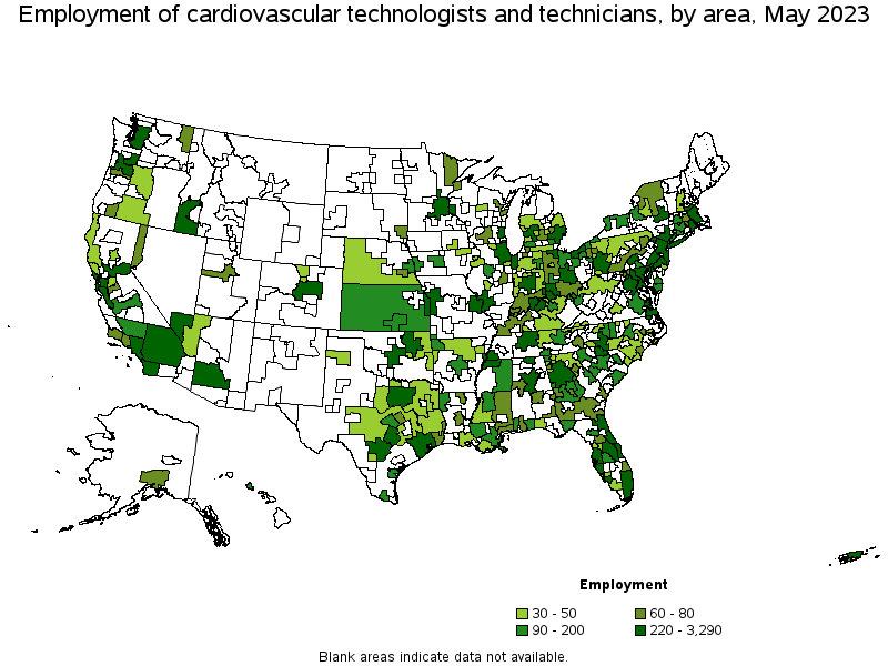 Map of employment of cardiovascular technologists and technicians by area, May 2021