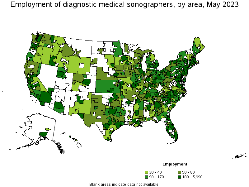 Map of employment of diagnostic medical sonographers by area, May 2021