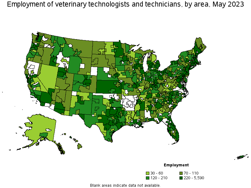 Map of employment of veterinary technologists and technicians by area, May 2021