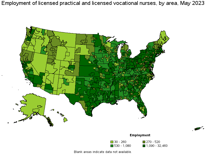 Map of employment of licensed practical and licensed vocational nurses by area, May 2021