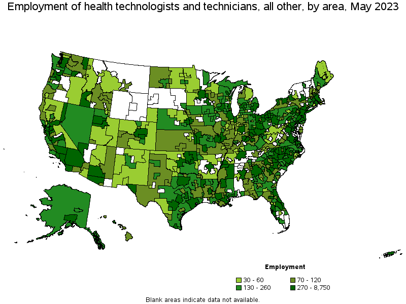 Map of employment of health technologists and technicians, all other by area, May 2021