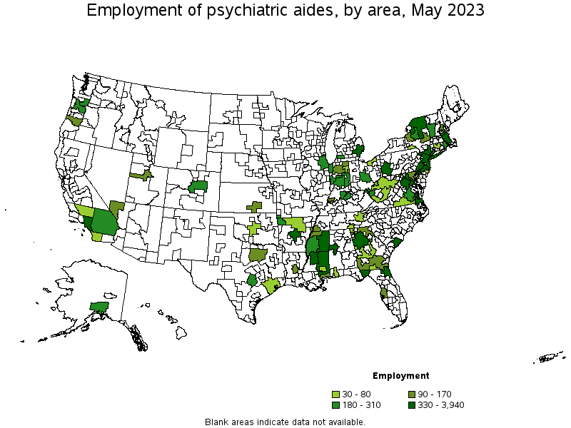 Map of employment of psychiatric aides by area, May 2023
