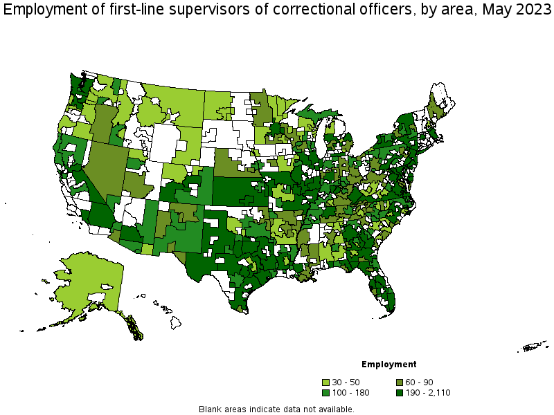 Map of employment of first-line supervisors of correctional officers by area, May 2021