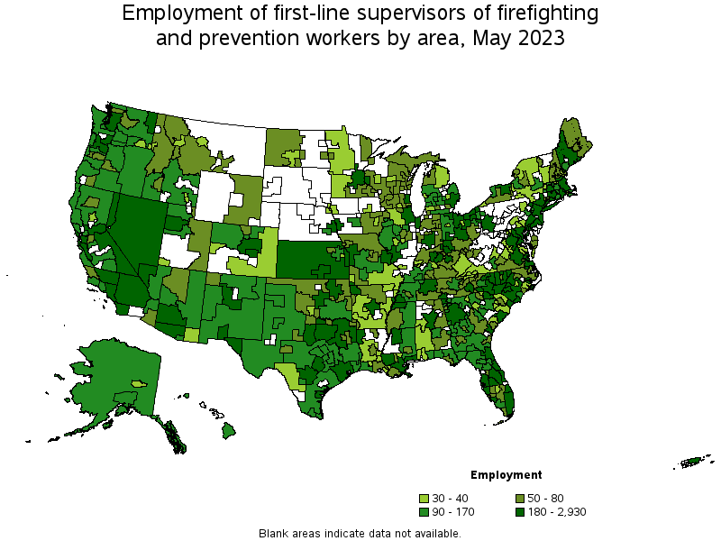 Map of employment of first-line supervisors of firefighting and prevention workers by area, May 2022
