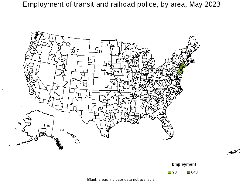 Map of employment of transit and railroad police by area, May 2021
