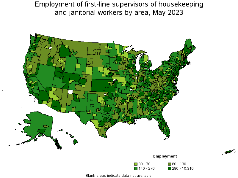Map of employment of first-line supervisors of housekeeping and janitorial workers by area, May 2021