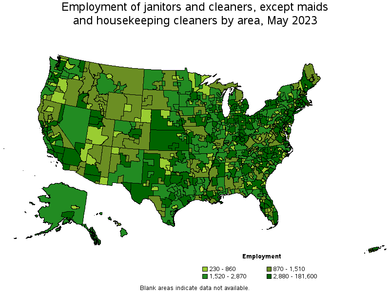 Map of employment of janitors and cleaners, except maids and housekeeping cleaners by area, May 2021