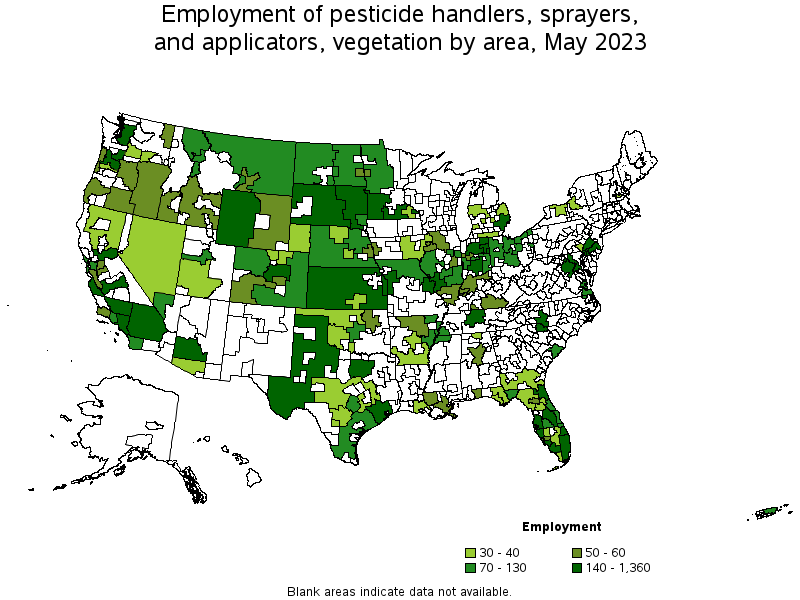 Map of employment of pesticide handlers, sprayers, and applicators, vegetation by area, May 2021