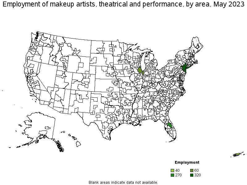 Map of employment of makeup artists, theatrical and performance by area, May 2021