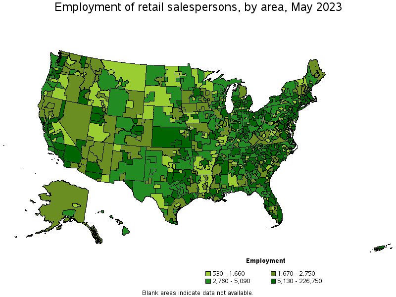 Map of employment of retail salespersons by area, May 2021