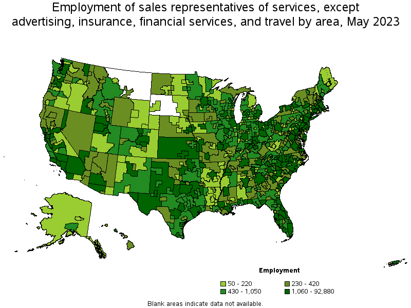 Map of employment of sales representatives of services, except advertising, insurance, financial services, and travel by area, May 2021