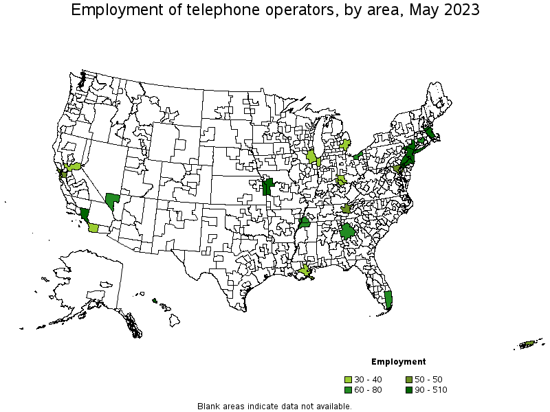 Map of employment of telephone operators by area, May 2023