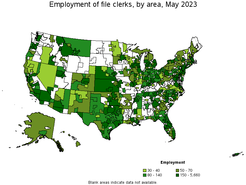 Map of employment of file clerks by area, May 2021