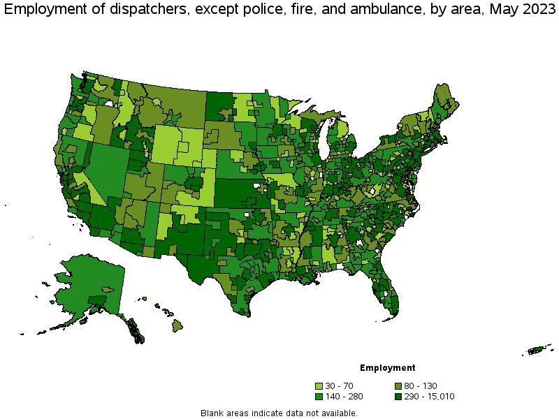 Map of employment of dispatchers, except police, fire, and ambulance by area, May 2021