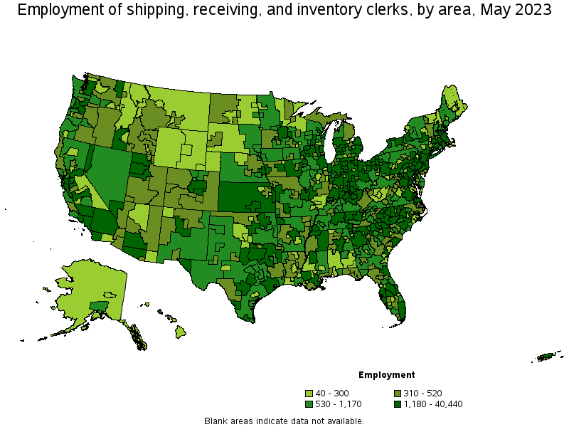 Map of employment of shipping, receiving, and inventory clerks by area, May 2022