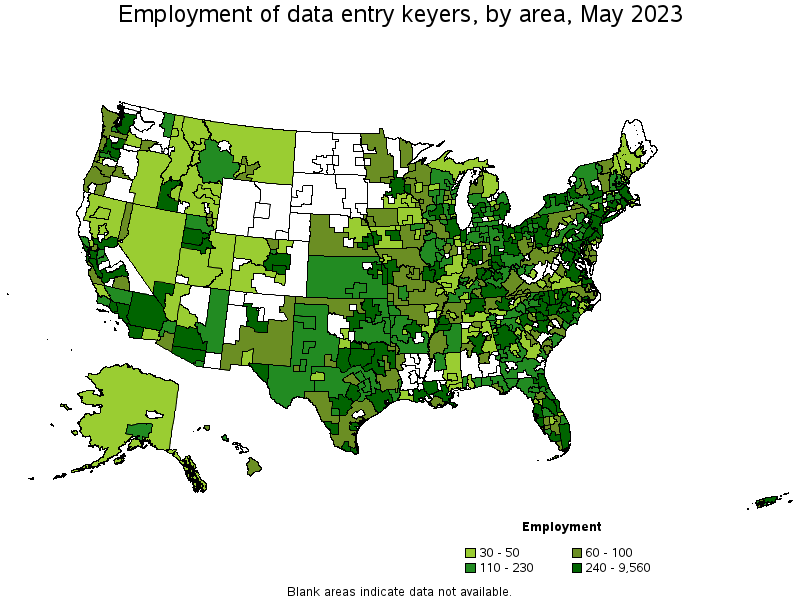 Map of employment of data entry keyers by area, May 2021