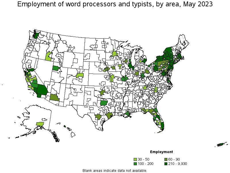 Map of employment of word processors and typists by area, May 2022