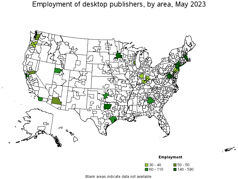 Map of employment of desktop publishers by area, May 2022