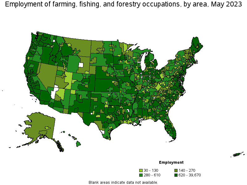 Map of employment of farming, fishing, and forestry occupations by area, May 2021