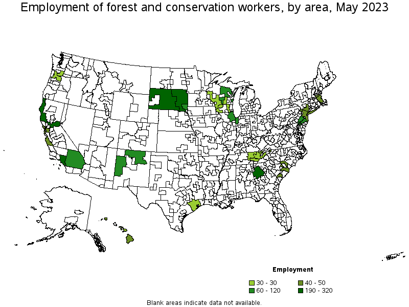 Map of employment of forest and conservation workers by area, May 2021
