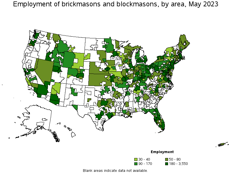 Map of employment of brickmasons and blockmasons by area, May 2022