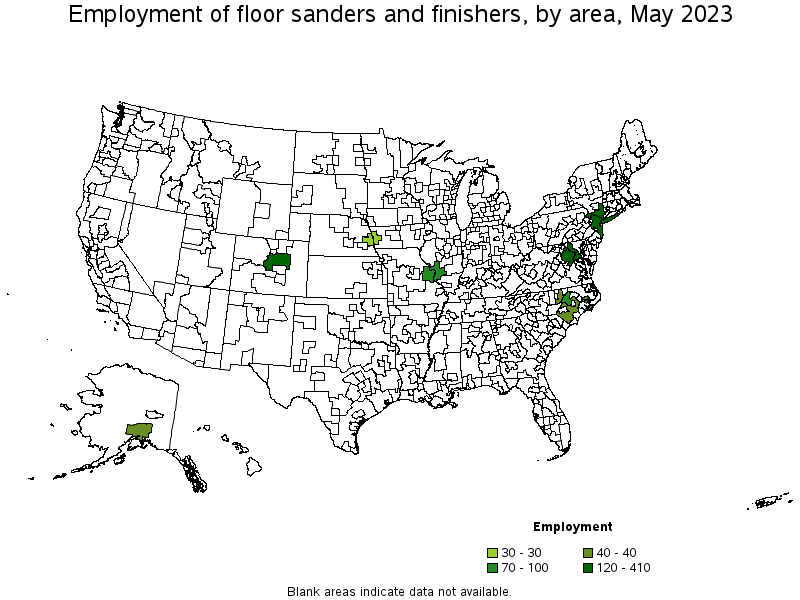 Map of employment of floor sanders and finishers by area, May 2022