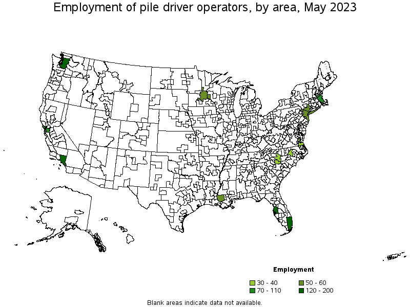Map of employment of pile driver operators by area, May 2022