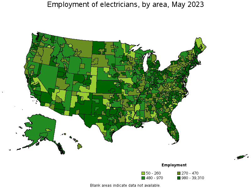 Map of employment of electricians by area, May 2021